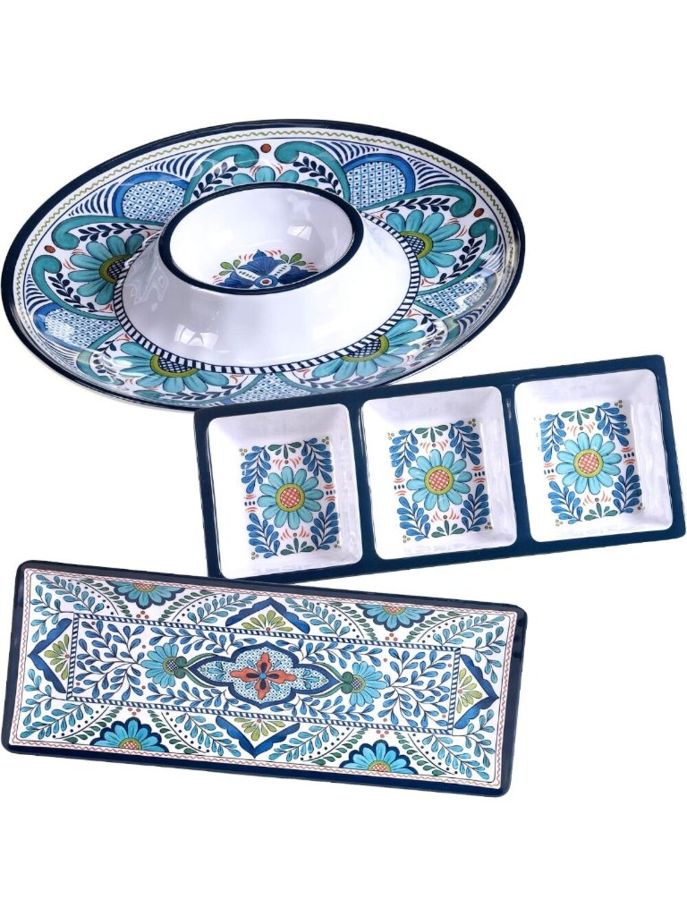 Colorful 3-Piece Melamine Serveware Set - Chip & Dip, Relish Tray & Platter for